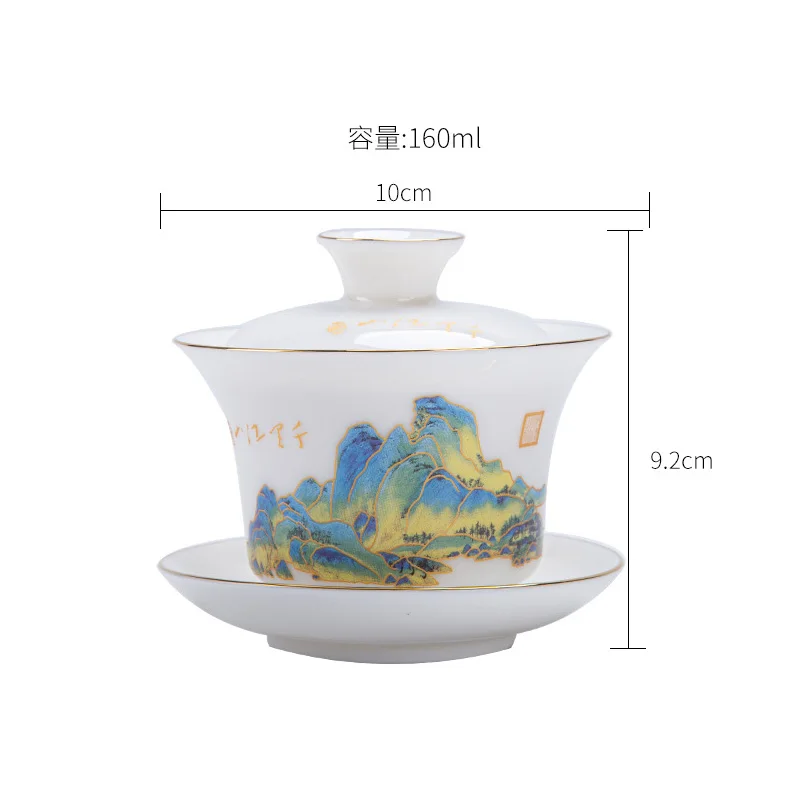 HMLOVE Mutton-fat Jade White Porcelain Sancai Gaiwan Color Enamel Cover Bowl Lid Saucer Handmade Tea Tureen Teaware Sets 160ML