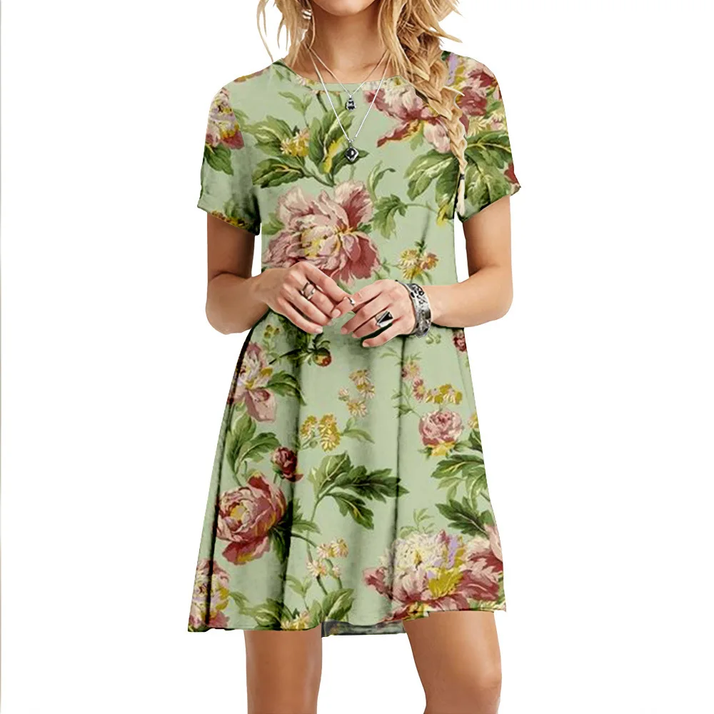 

Summer Dresses for Women Elegant O-neck Floral Print Dress Casual Loose 4XL Robe Short Sleeve Party Women Clothing Femm