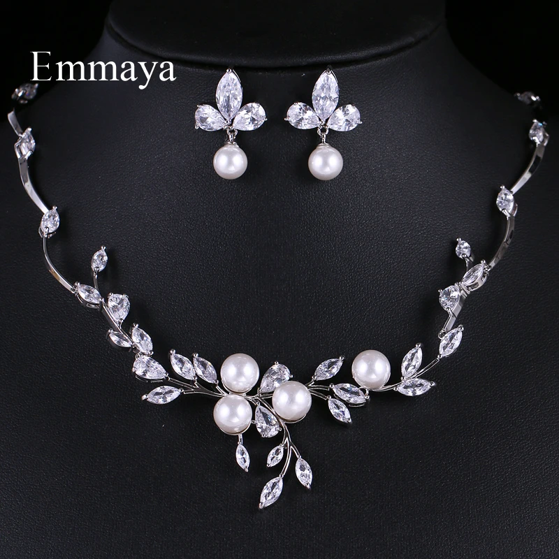 

Emmaya Luxury Style Growing Leaves With Pearl Cubic Zircon Elegant Jewellry Sets Earring Necklace For Women Attending Party