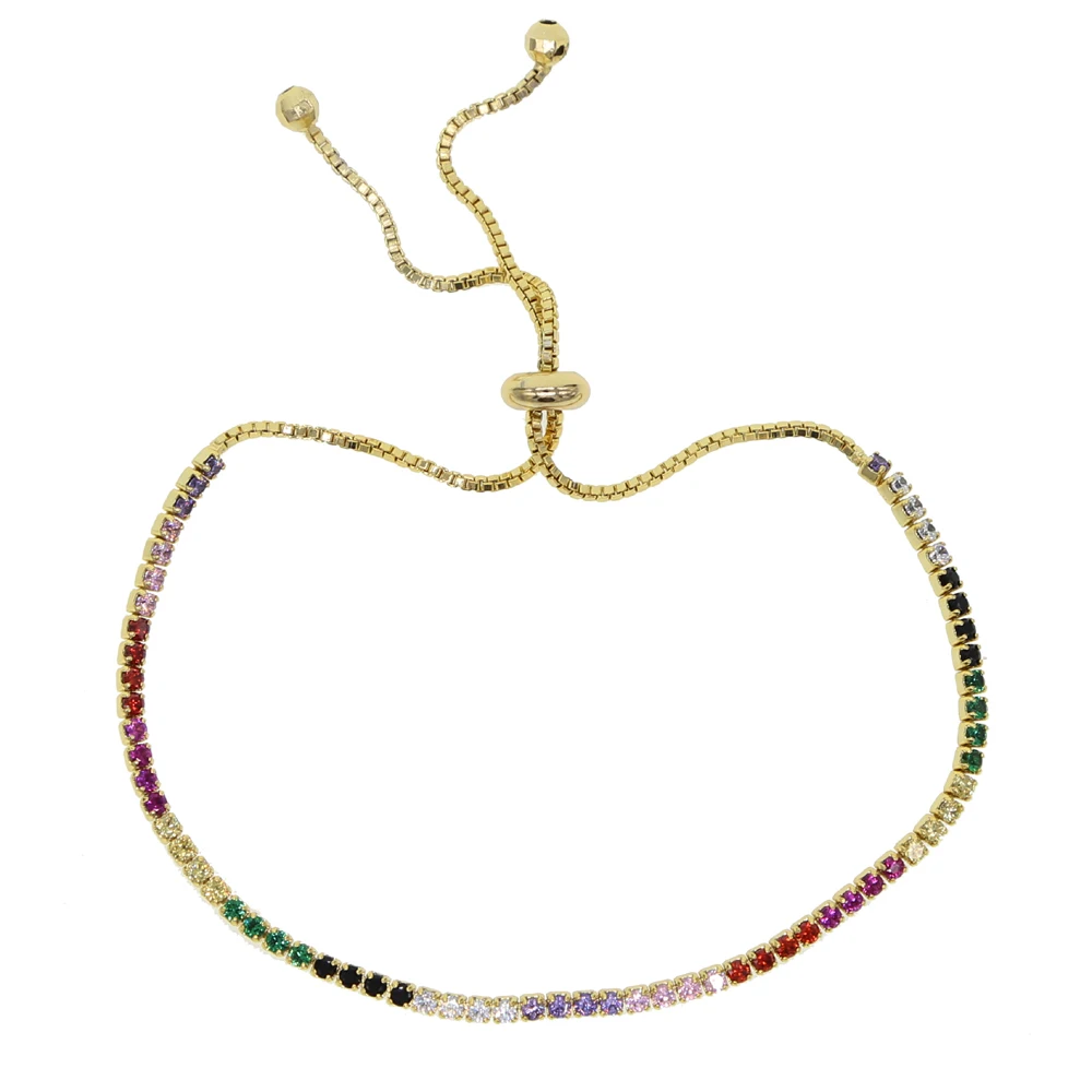 Wholesale Colorful Round Rainbow Color Charm AAA+ CZ Slider Adjustable Dainty Tiny Thin Bracelets Bling Bling Jewelry For Women