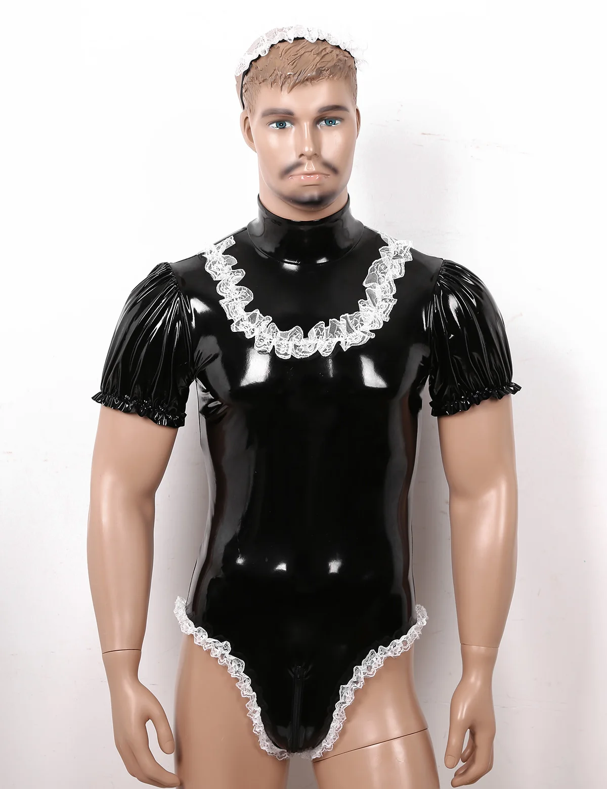 Body de Cosplay de Sissy Maid para hombre, conjunto de medias con diadema de encaje, lencería Sexy de cuero de látex, ropa de noche para discoteca