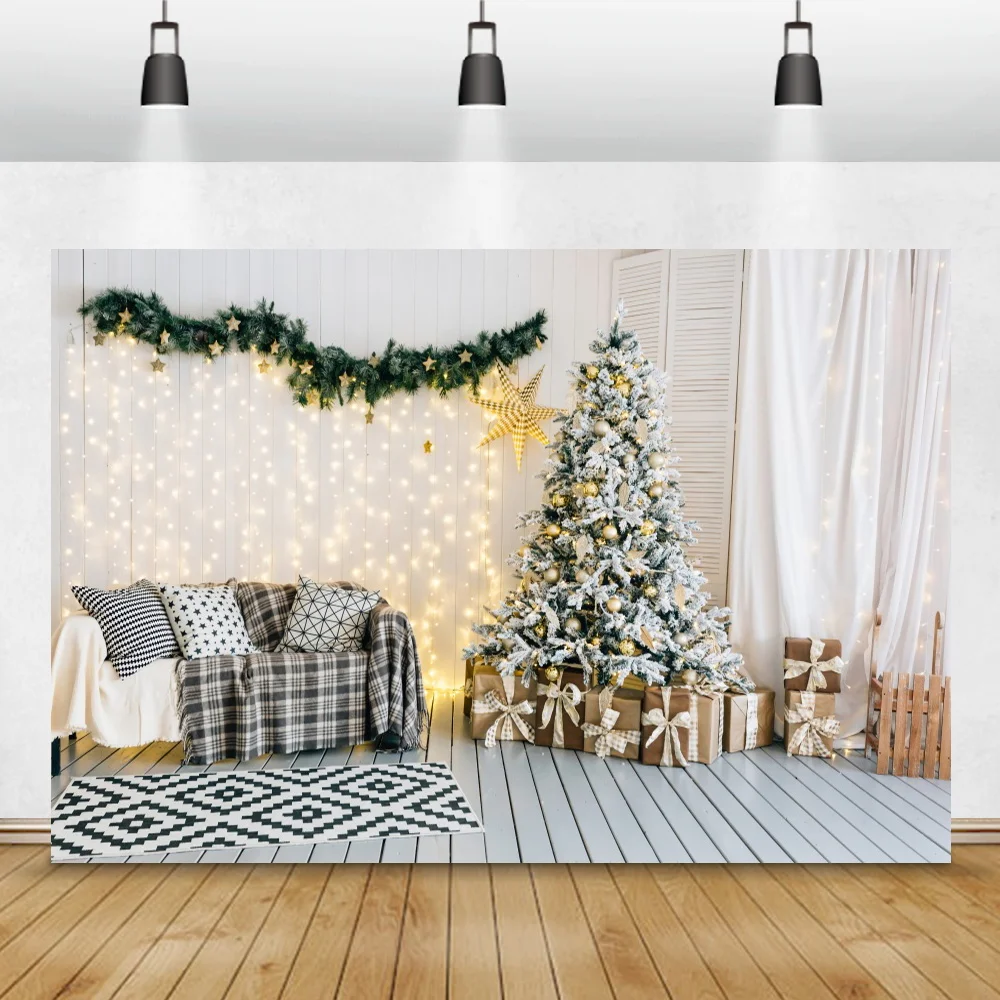 Merry Christmas Tree Wooden Floor Child Photography Background Interior Decor Light Star Family Photocall Poster Photo Backdrop