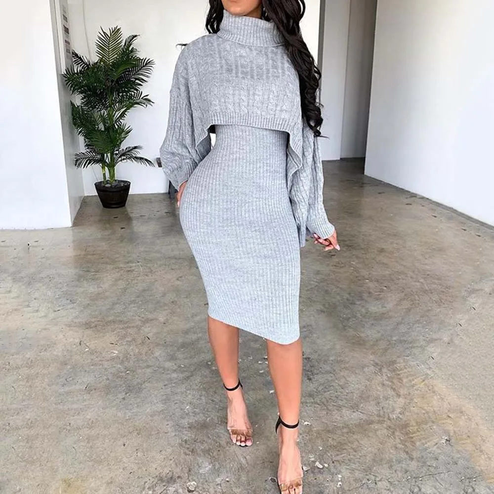 Women Winter Turtleneck Long Sleeve Sweater Dress Matching Outfit Fashion Autumn Bodycon Midi Knitted Dresses Two Piece Set Lady