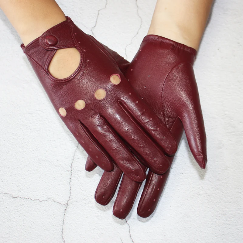 Women Fashion New Hollow Breathable High-Quality Goatskin Genuine Leather Outdoor Cycling Colorful Gloves Spring and Autumn