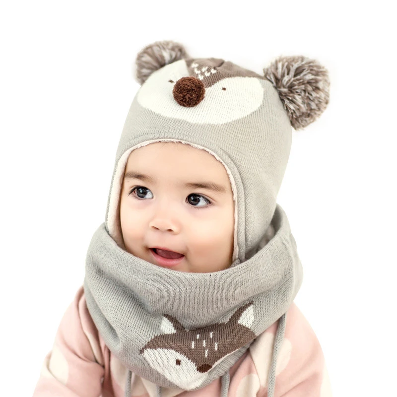 Lemonkid 2Pcs/Lot Baby Winter Hat Scarf Baby Cartoon Fox Cap Children Warm Scarf For Boys Suit Beanie Velvet Hat Scarf For Girl