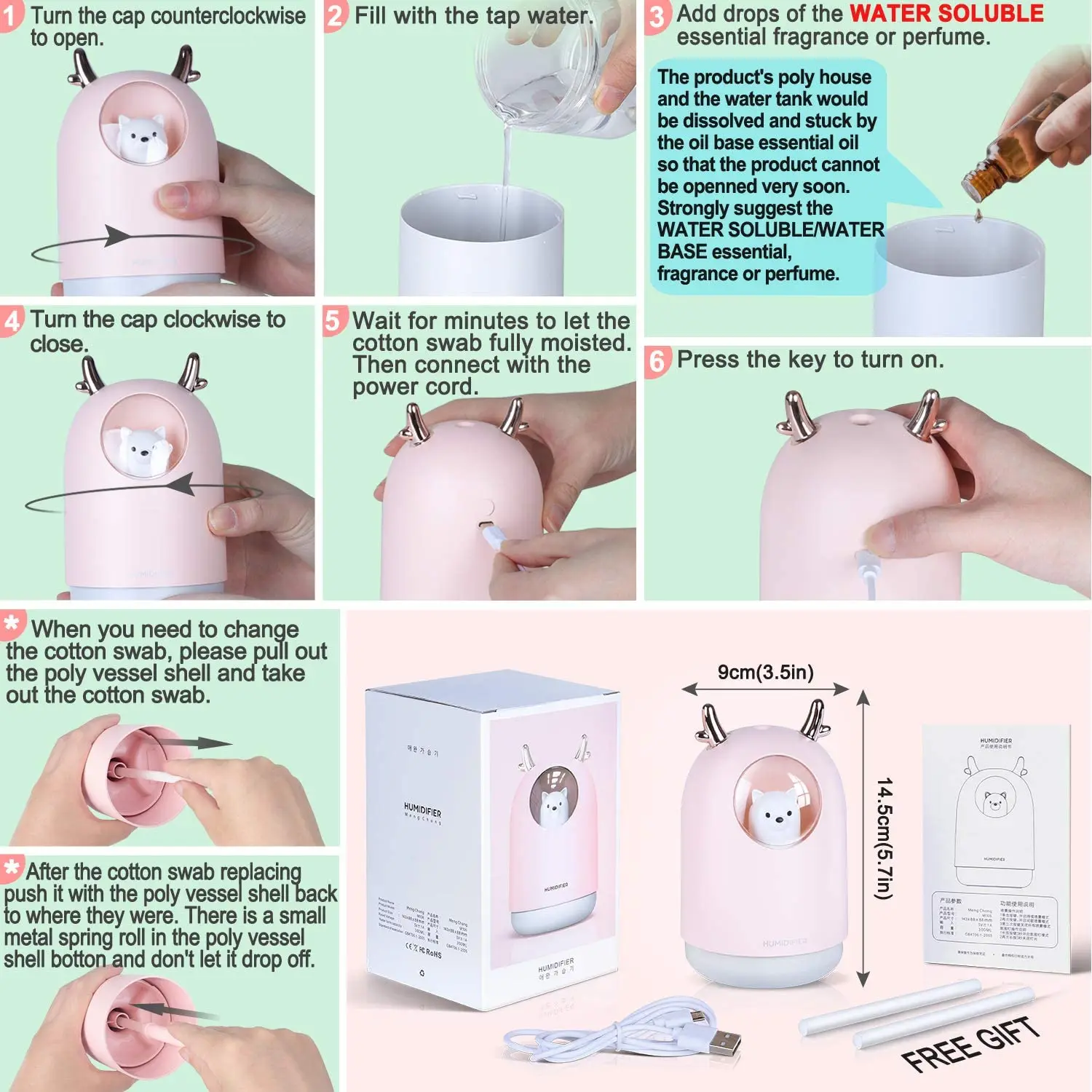 3-in-1 Umidificatore Piccolo Umidificatore Portatile 300ml USB 7 Colori HA CONDOTTO LA Luce di Notte umidificatori Ultra-tranquillo con Simpatico Orso