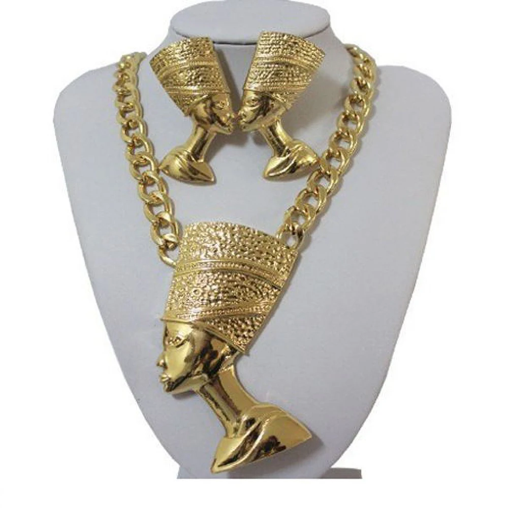 Adixyn Egyptian Queen Jewelry Set Necklace Pendant Gold Color Thick Chain Earrings Africa Wedding Dubai Jewellery Chokers