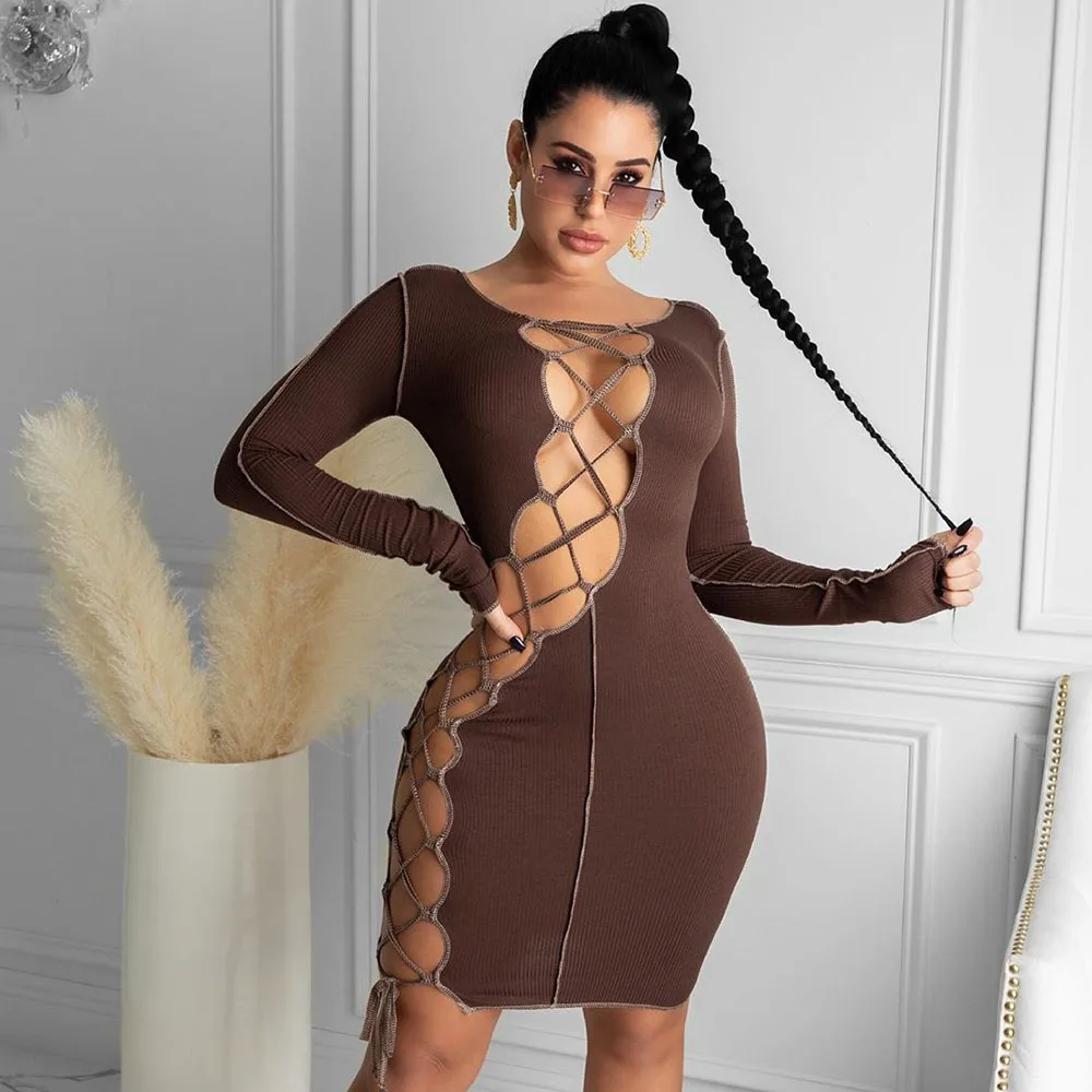 Sexy Hollow Out Bandage Bodycon Dress Club Party Dresses for Women Festival Clothing Long Sleeve Sheath Brithday Christmas Dress