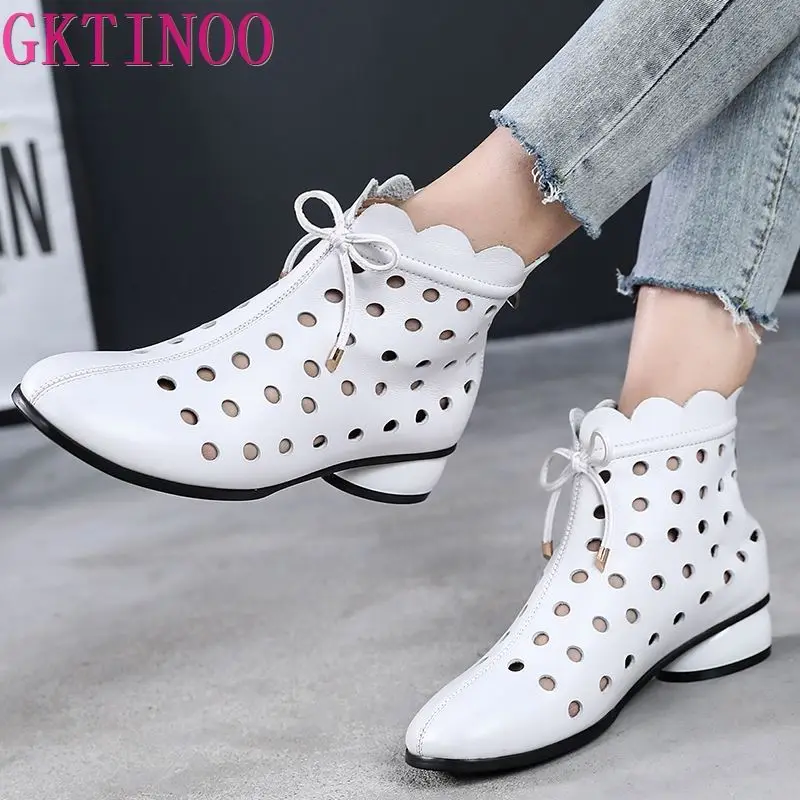 GKTINOO 2024 Summer Ankle Boots Genuine Leather Shoes Women Med High Heel Back Zipper Boots Cutout breathable Mujer Zapatos