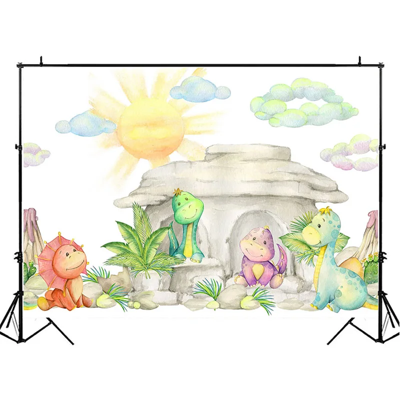 การ์ตูนไดโนเสาร์เด็กทารกฉากหลังSun Green Leaf First Birthday Partyอุปกรณ์ตกแต่งพื้นหลังสำหรับถ่ายภาพ