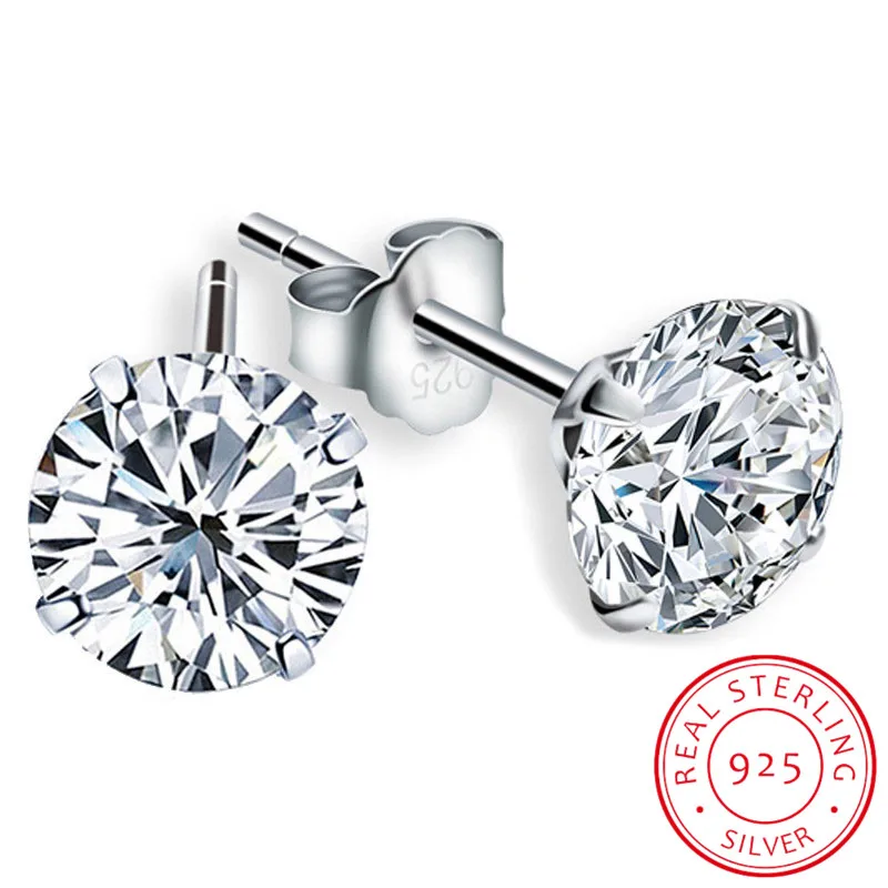 Boucles d'Oreilles de Luxe en Argent Sterling 100% et Diamant Rond pour Femme, Petite Vis, 6/7/8mm, 925 Réel