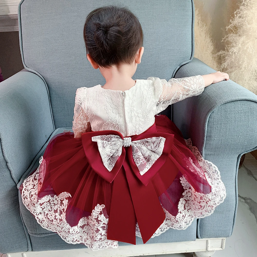 Infant Baby Girl Dress Bow Lace Long Sleeve 1st Birthday Baptism Dress for Girls Flower Party Wedding Dresses Baby Girl Clothes