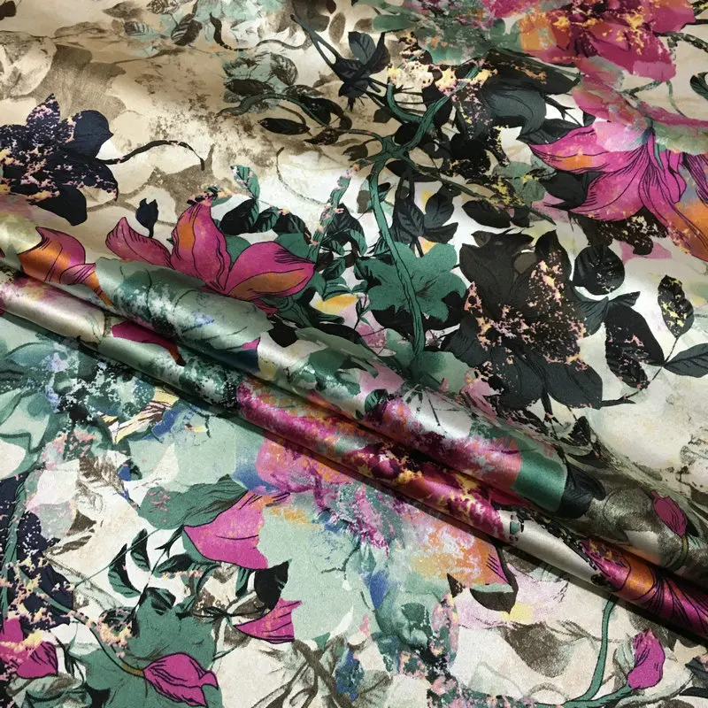 Vine mottled printed lily heavy satin stretch digital printed fabric natural mulberry silk haute couture used for dress fabric