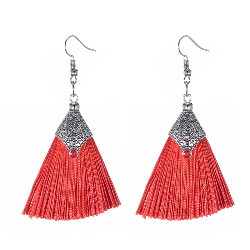 Fashion Silk Fabric Tassel Earrings Bhoemian Fringed Red Blue Black Pink Green Vintage Statement Drop Dangle Earrings For Women