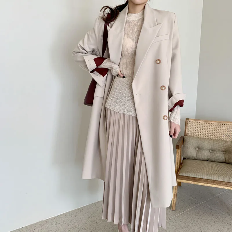 

Korean Chic Spring Autumn Suit Collar Double Breasted Loose Back Slit Over The Knee Mid-Length Windbreaker Women's Jacket