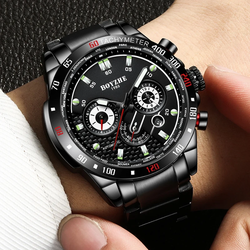 BOYZHE Big Sale Men Sport Automatic Mechanical Watch Mulifunction Display Waterproof Mechanical Watch for Men relogio masculino