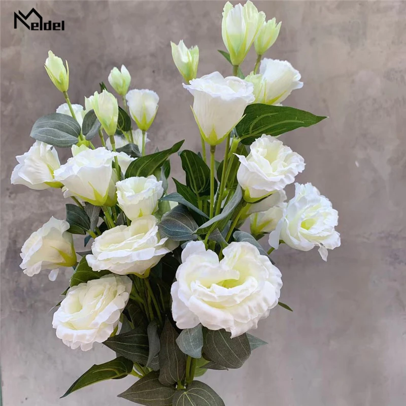 Meldel DIY 인공 꽃 부케, 실크 Lisianthus 홈 파티 웨딩 테이블 장식, 가짜 Lisianthus 장미 꽃꽂이