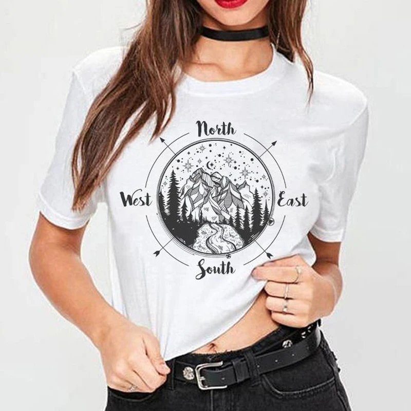 North West East South Compass T-shirt Trendy Women Graphic Wonderlust Top Tee Shirt Funny Summer Short Sleeve Adventure Tshirt