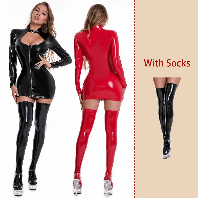 Gorące damskie wyglądające na mokre sukienki lateksowe Faux Leather porno nagie piersi bielizna egzotyczny kostium Zipper Mini sukienka Sexy Clubwear