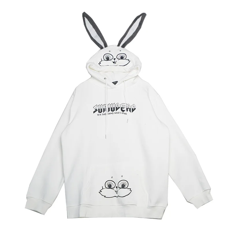 2024 Spring Autumn Couple Matching Cute Hoodie Plush Rabbit Long Ear Hooded Sweatshirt Women Kawaii Thicken Pocket Outwear