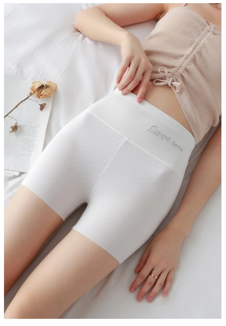 Ice silk anti-glare safety pants women's panties two-in-one high-waist belly three-quarter pants women's summer thin