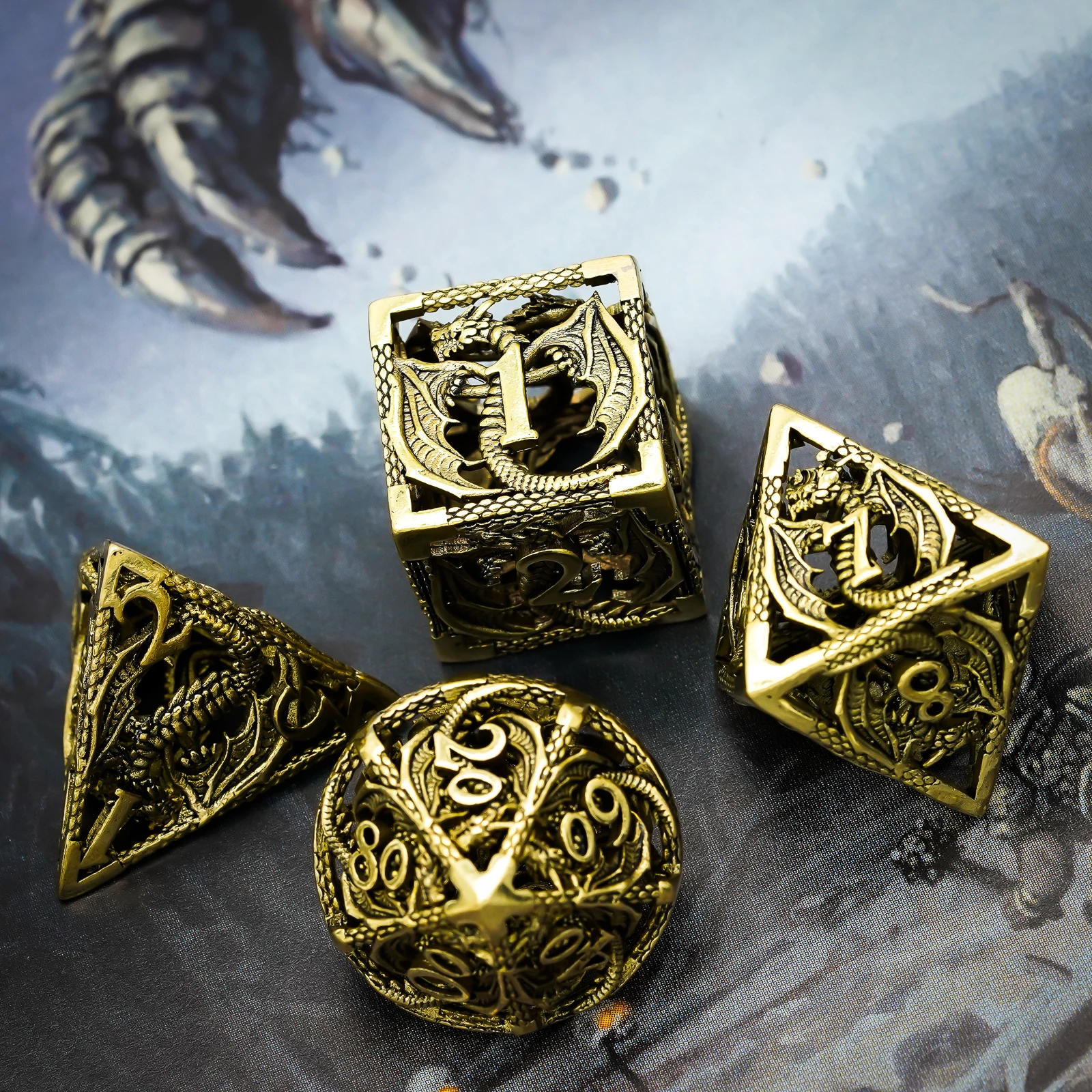 Cusdie Hollow Metal DND Dices Flying Dragon D&D Dice 7Pcs D4-D20 Polyhedral Dice Set for Role Playing Game Pathfinder TRPG