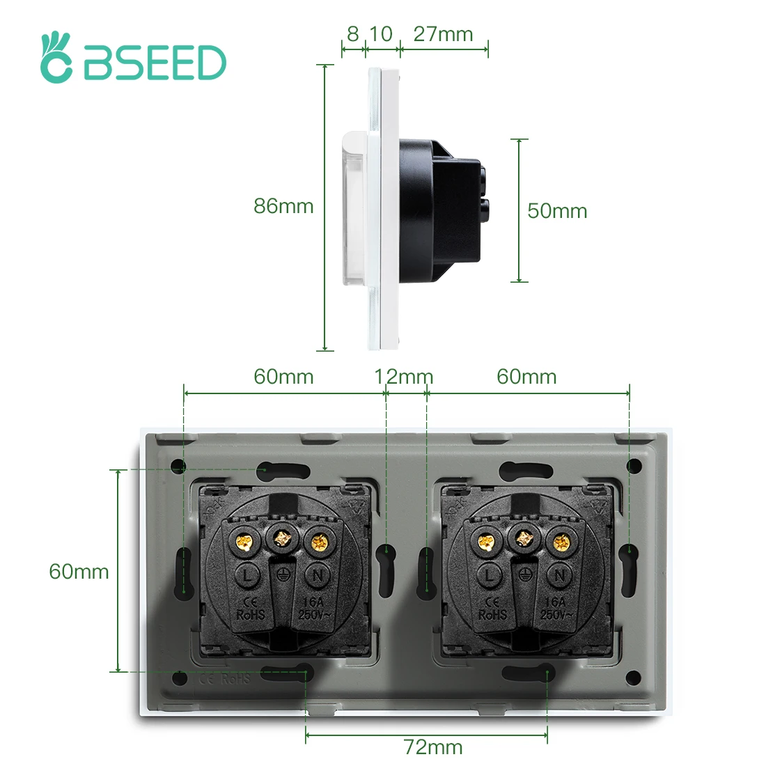 Bseed 16a 3 cores tomada de parede dupla elétrica à prova dwaterproof água painel cristal tomada elétrica para cozinha ao ar livre banheiro