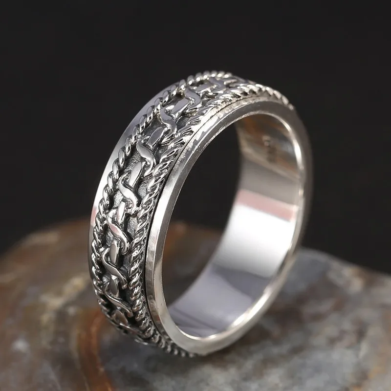 BOCAI Real Sterling  Silver S925 Rings New Fashion Thai Silver Personality Rotatable Weaven Pattern Jewelry for Men Women