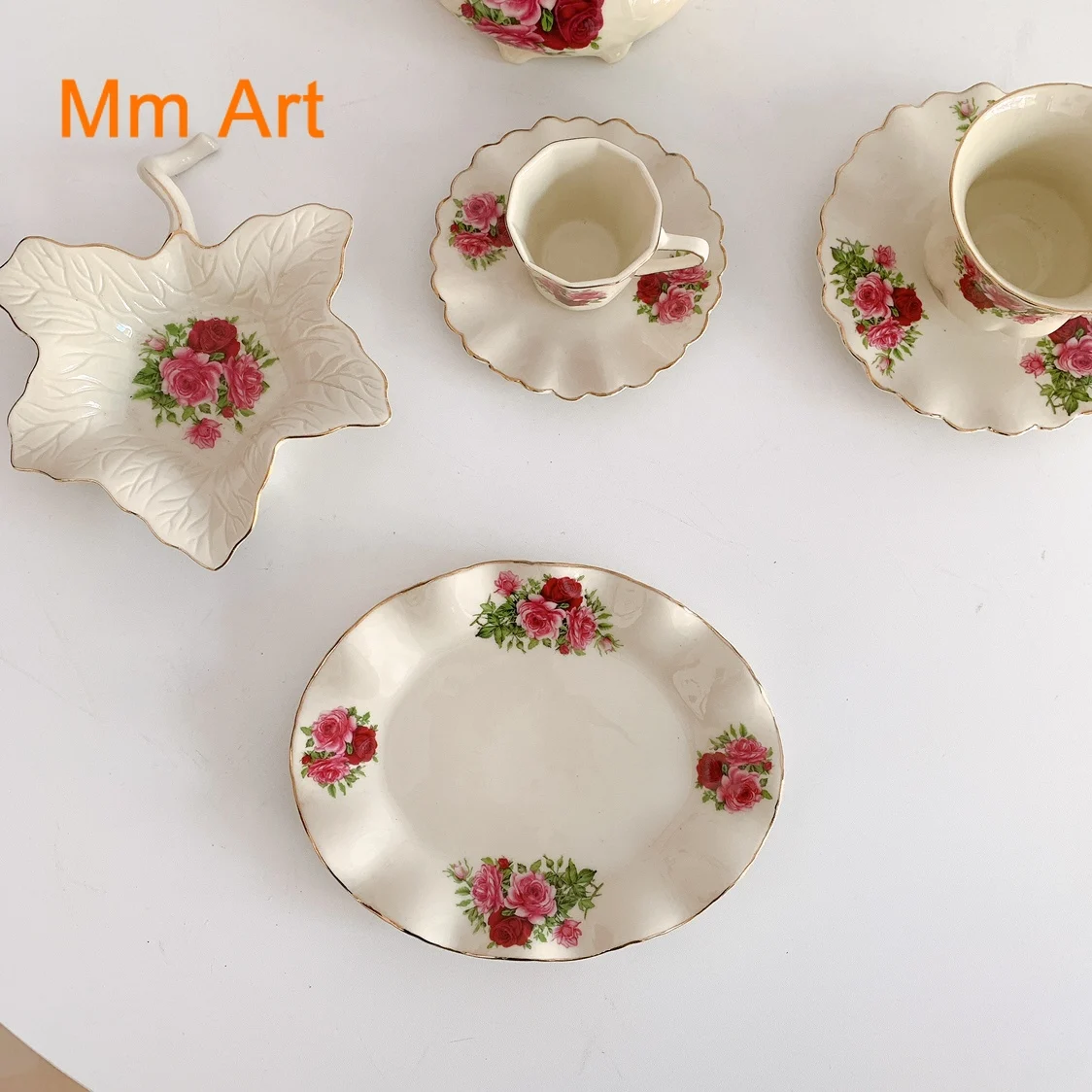 Vintage Court Style Pink Flower Ceramic Plate Pot Cup and Saucer Set Double Handle Disk