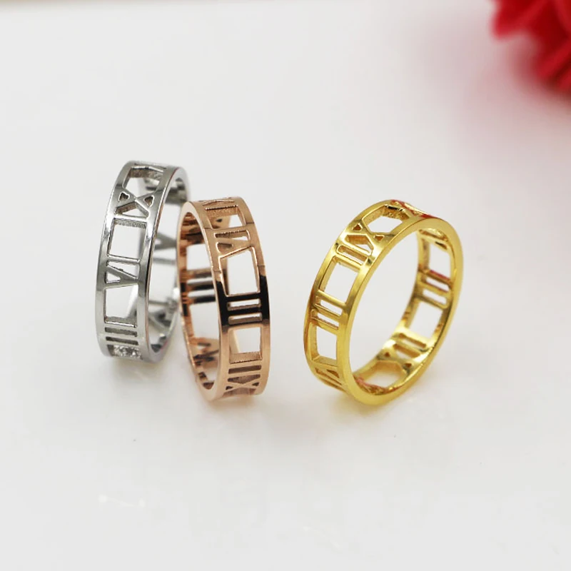 Classic Brand Jewelry Beautiful Hollow Out Roman Numerals Ring Stainless Steel Gold Color Ring For Women Anniversary Gift