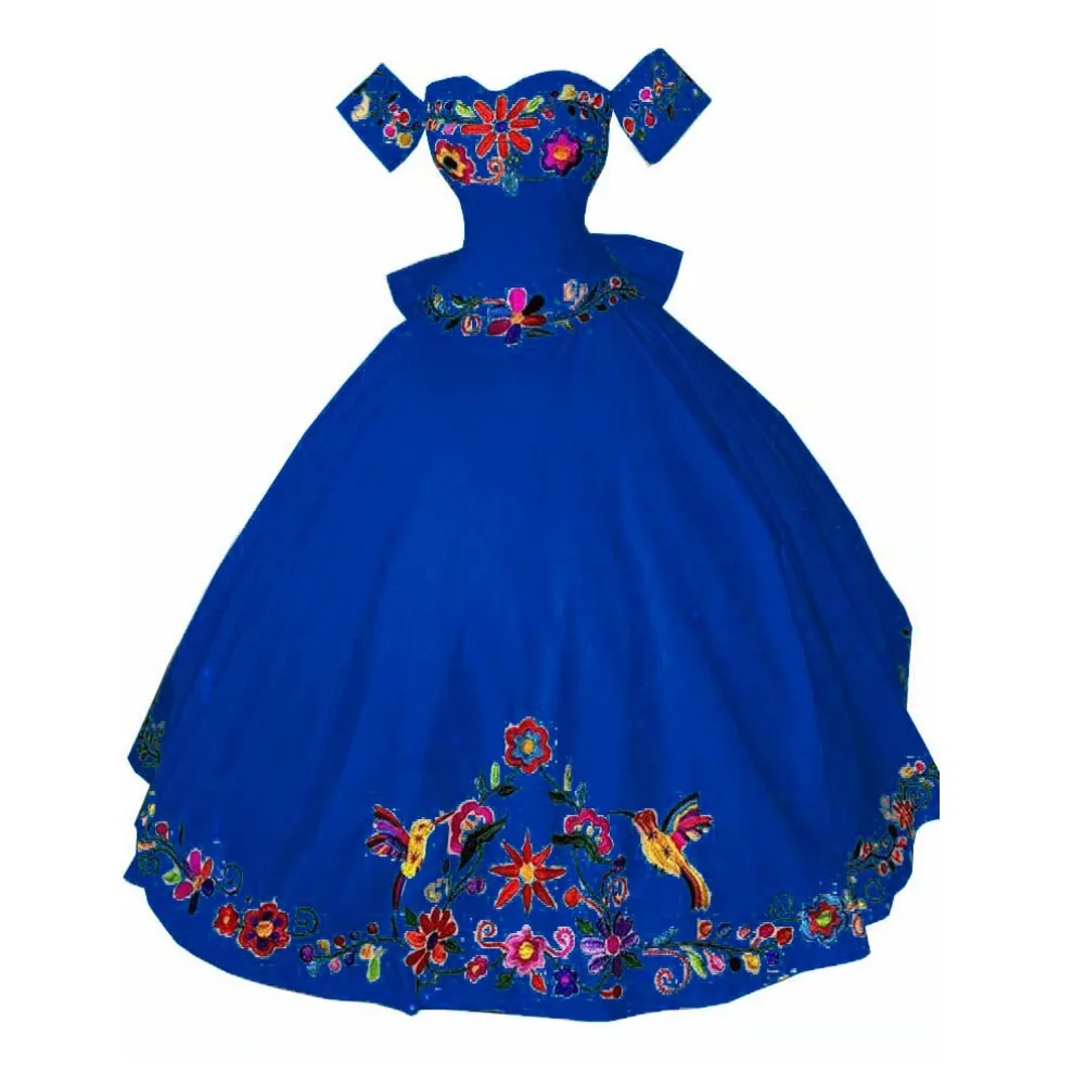 Mode Royal Blau Satin Schatz Weg Von der Schulter Puffy Kleider für Quinceanera Ballkleid Bögen Lace up Zurück Stickerei