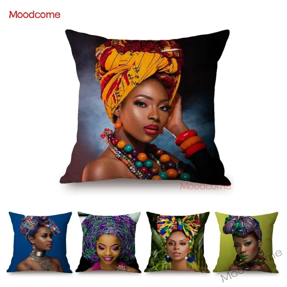 Fashion Magazine Cover Africa Girl Woman Black Beauty Headscarf Decorative Sofa Pillow Case Linen Home Decoration Cushion Cover