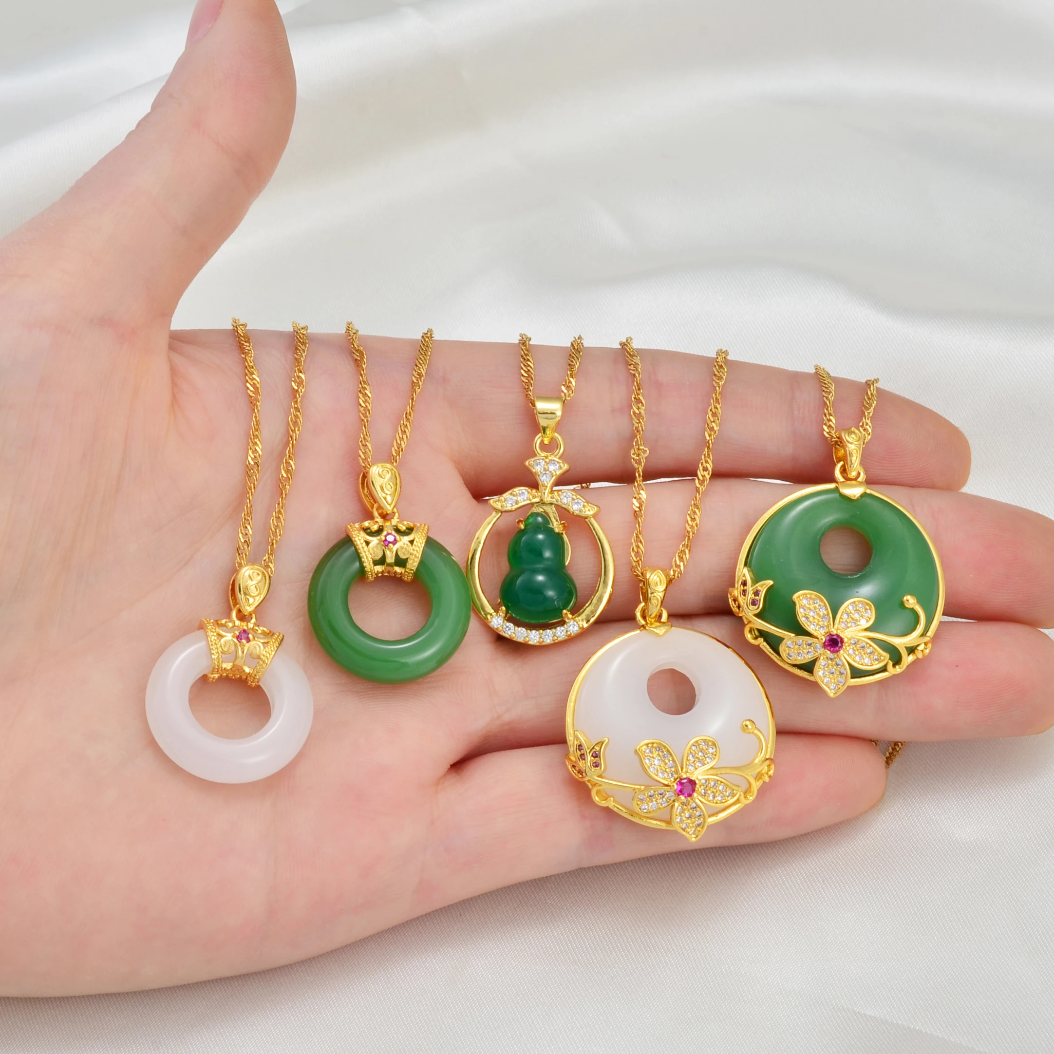 Anniyo Round Flower Gourd Green White Stone Pendant Necklaces Women Girs Chinese Cultural Fashion Luxury Accessories @@002236