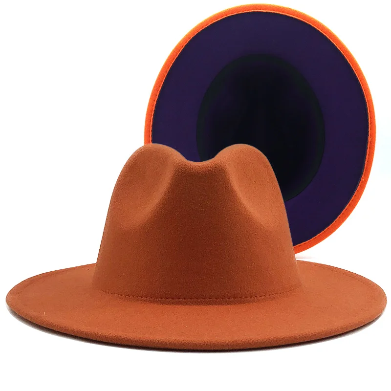 

Outer orange Simple Inner purple Wool Felt Jazz Fedora Hats with Thin Belt Buckle Men Women Wide Brim Panama Trilby Cap 56-58CM