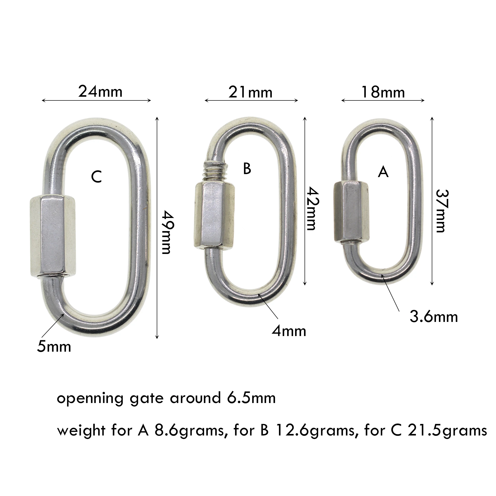 assorted sizes heavy duty EXTRA strong solid 304 stainless steel Oval Screw lock Carabiner keychains climb boat chain connector