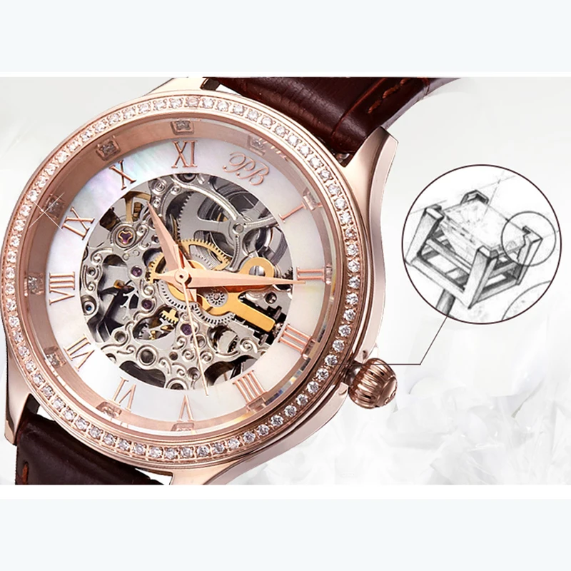 PB montre femme mécanique automatique évider bracelet femme en cuir cristal quartz étanche luxe