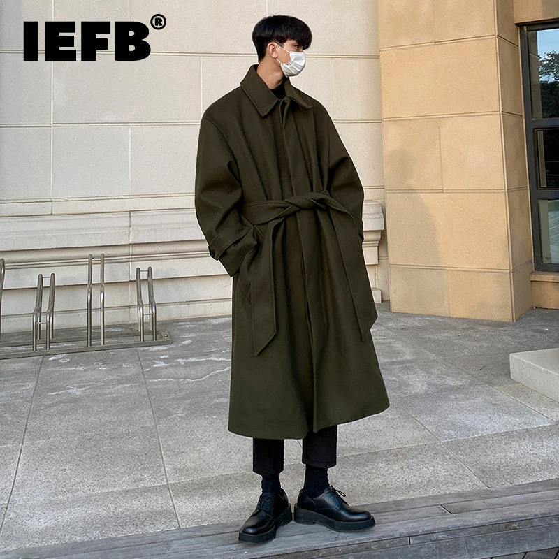 

IEFB Tweed Overcoat Men's Autumn Winter Long Coat Loose Knee-length New Korean British Thickened Belted Woolen Jacket D1221