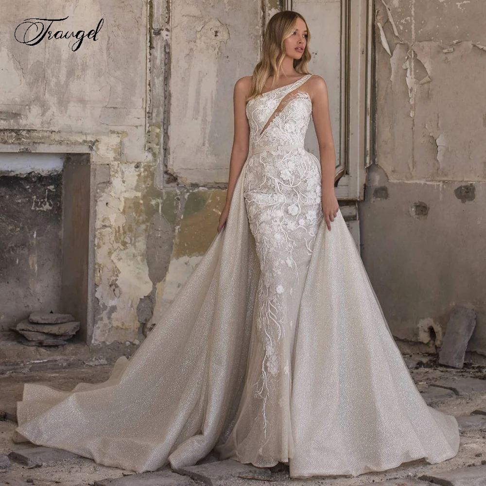 

Traugel One Shoulder Mermaid 2 IN 1 Wedding Dresses Glitter Appliques Sleeveless Lace Bride Dresses Detachable Train Bridal Gown