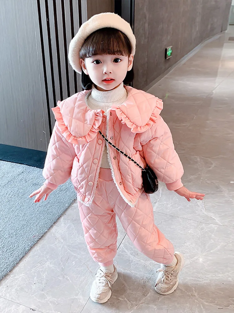 Sweet Girls Winter Clothes Set Thick Warm Double-sided Velvet Jacket+Pants 2Piece-Suits Fashion Children Princess Snowsuit