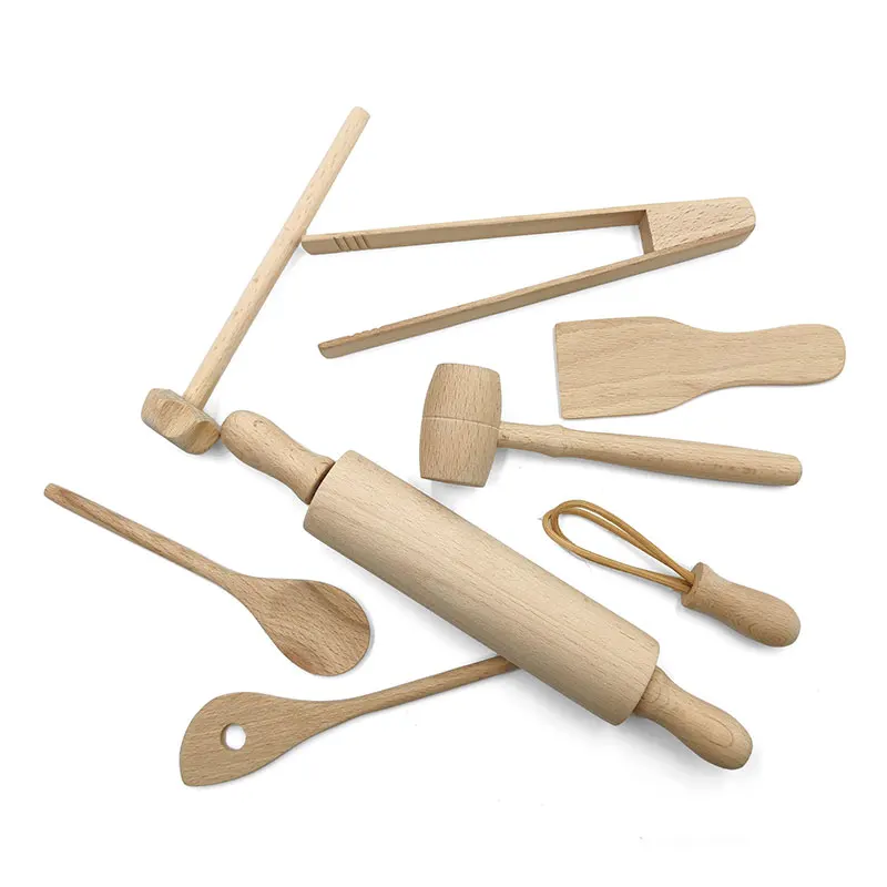 Children Wooden Kitchen Utensils Pretend Kitchen Toy Simulation Beech Wooden Spoon Shovel Egg Beater Clip Pretend Kitchen Set