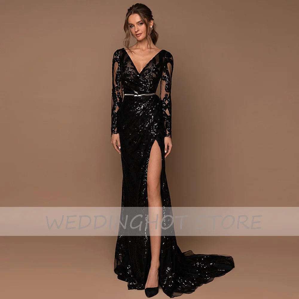 Abiti da sera a sirena con paillettes lunghi 2023 splendido scollo a v maniche lunghe abito da ballo formale scintillante nero Split robes de soirée