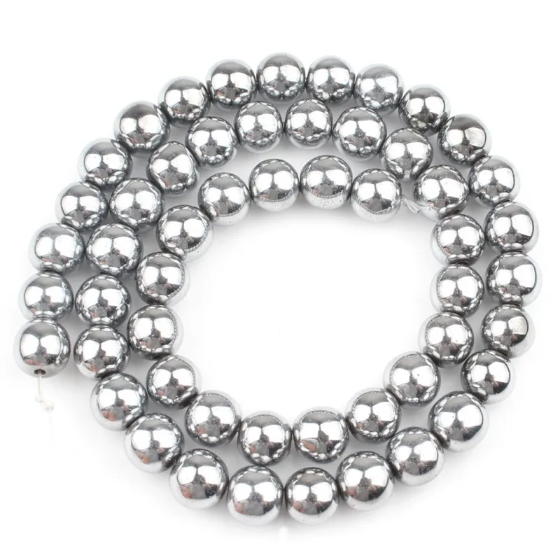 Silver Color Hematite Stone Natural Loose Round Beads For DIY Jewelry Making Bracelet Earring Accessories 15\'\' 2 3 4 6 8 10 12mm