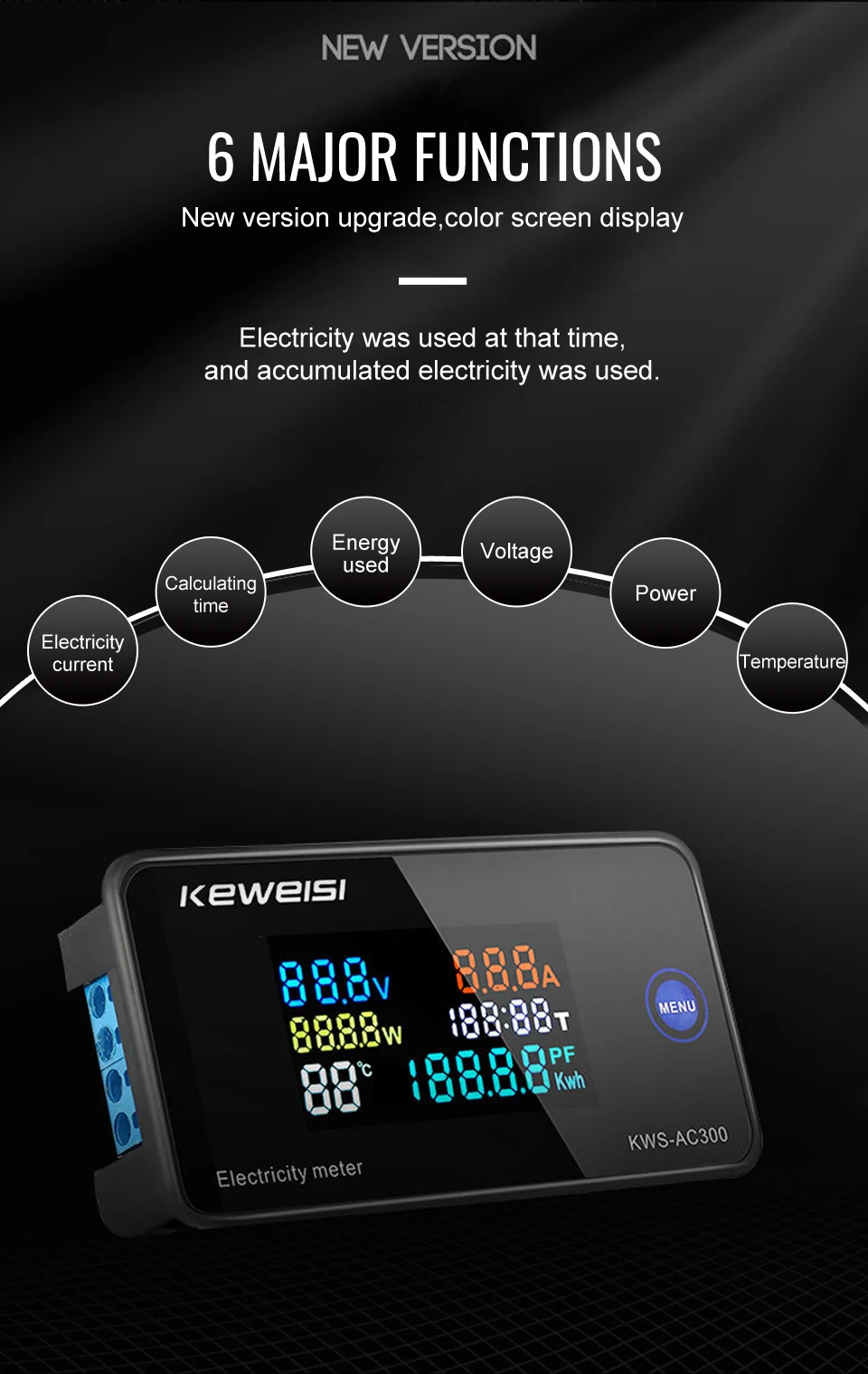 AC 50-300V Voltmeter Ammeter KWS Power Energy Meter LED Digital AC Wattmeter Electric Meter with Reset Function 0-100A