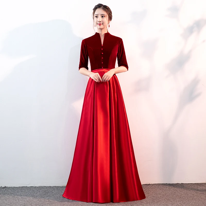 

High Neck Vintage Evening Dress Half Sleeves Simple Empire Zipper Back Pleat A-Line Floor-Length Woman Formal Party Gowns A1334