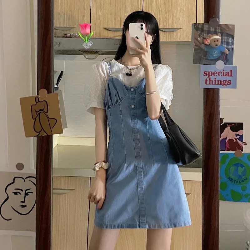 Korean Style 2020 Summer New Mesh Polka Dot Puff Sleeve Shirt Pearl Suspender Denim Dress for Women lolita dress