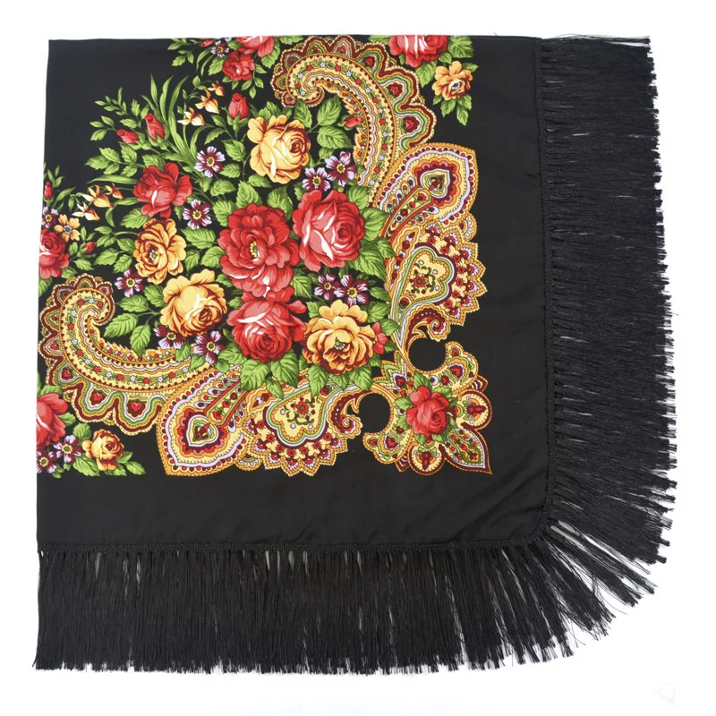 Ukrainian Style Russian Scarf Babushka Shawl Fringed Women Head Wrap Hijab Luxury Handkerchief 110cm Square Scarves Party Manila