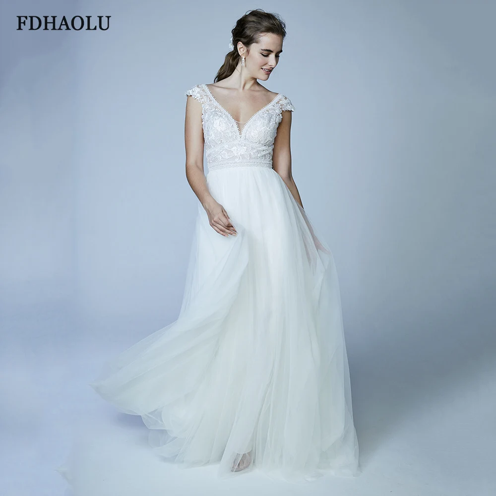

FDHAOLU FU46 Elegant Bridal A Line White Tulle Wedding Dress Backless Vintage Lace Bodice Receipt Wedding Gown