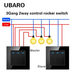 UBARO EU Tempered Glass Panel Flame Dual Control PC Plastic Button LED Indicator 1Gang 2 Way Stair Bedside Wall Push Switch