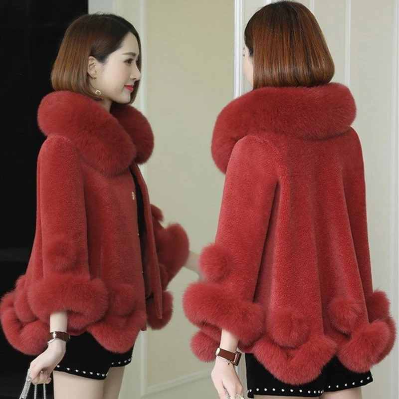 2023 New Faux Fur Winter Particle Sheep Shearing Coat Female Fox Fur Collar Fashion Short Coat Lamb Wool Women's Clothing L34