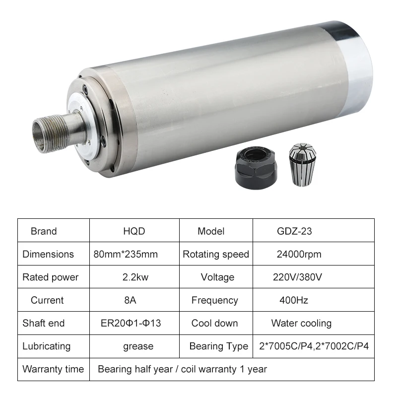 HQD CNC Spindelmotor 2.2KW ER20 4 stks Lager 220 V 380 V CNC Frezen Watergekoelde Spindel Houtbewerking Router Graveren